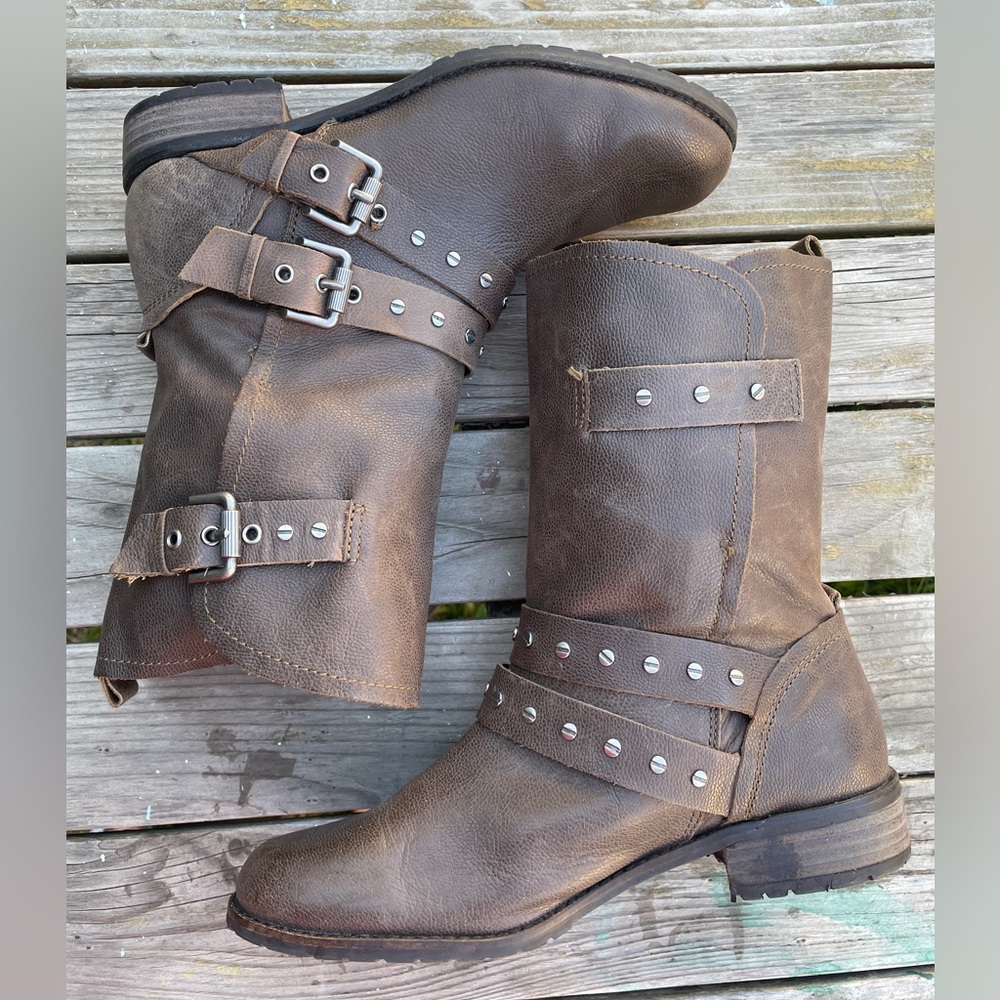 DV By Dolce Vita Leather Buckle Mid Calf Pull on Moto Slouchy Biker Boot